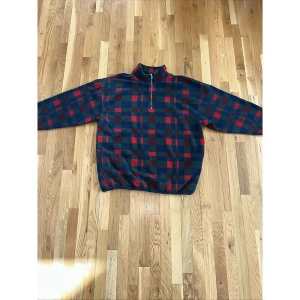 VTG SEARS TRADER BAY WESTERN PLAID FLEECE JACKET 1/4 ZIP RETRO GREEN RED MENS XL